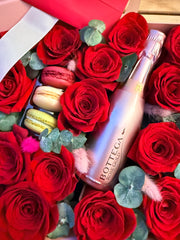 Luxury Red Rose Box with Macarons & Mini Bottega | Valentine’s Gift Toronto