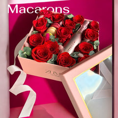 Luxury Red Rose Box with Macarons & Mini Bottega | Valentine’s Gift Toronto