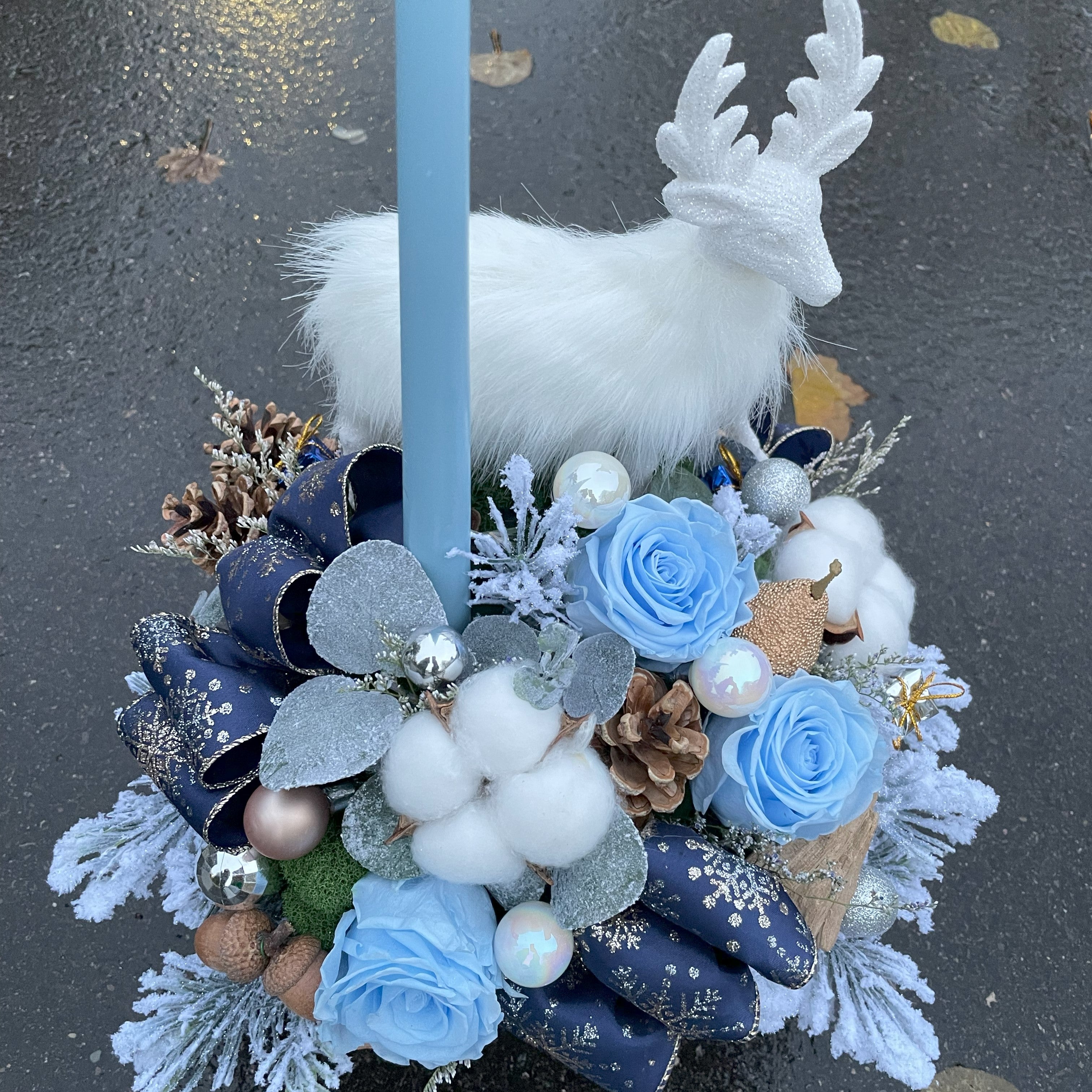 Timeless Floral Arrangement with Candle and Reindeer Décor